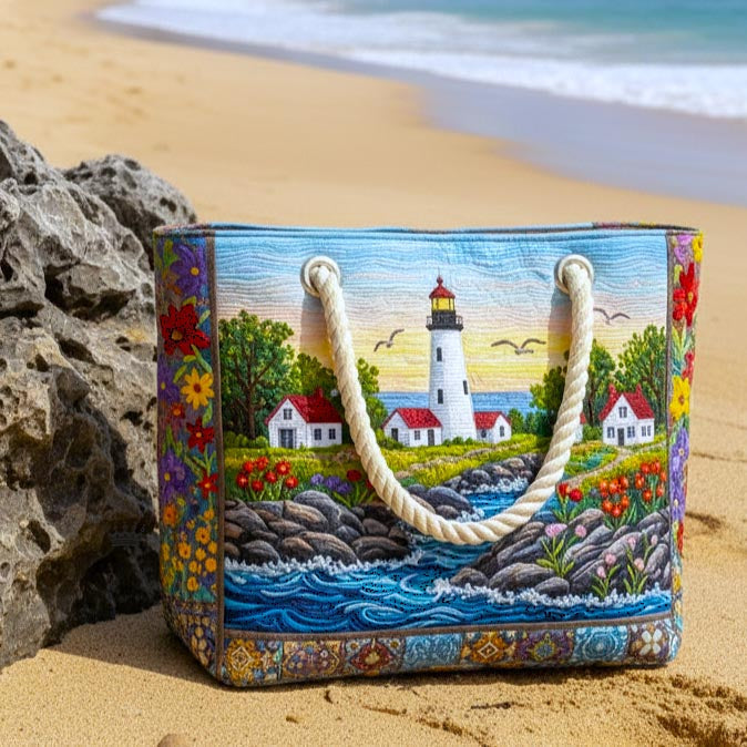 Lighthouse Glow Quilted Beach Tote Bag