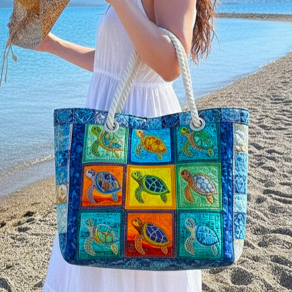Peaceful Turtle Quilted Beach Tote Bag