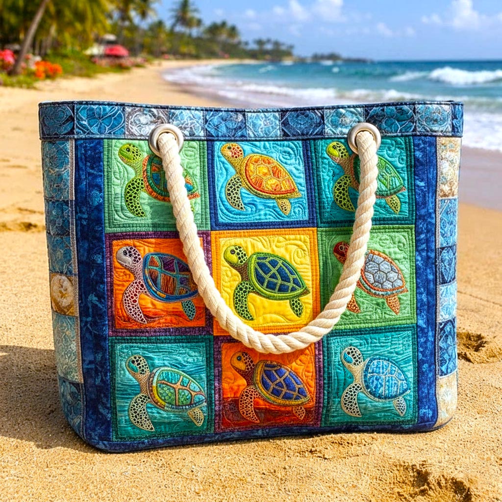 Peaceful Turtle Quilted Beach Tote Bag
