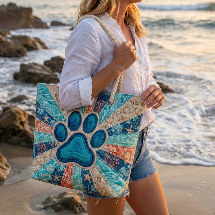 Paw Print Quilted Beach Tote Bag