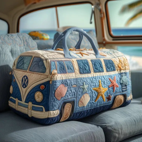 Hippie Bus at the Beach | Quilted Weekender Travel Bag
